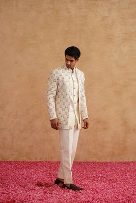 White indowestern embroidered with thread and pearl on silk 2
