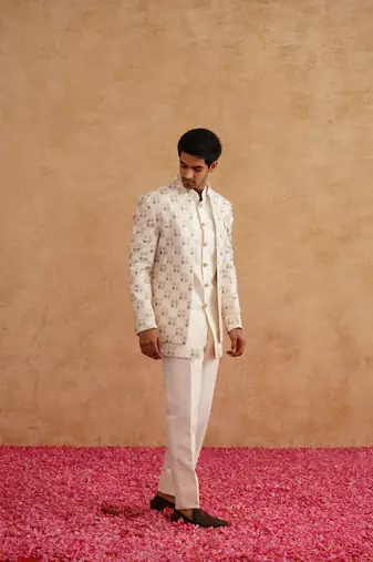 White indowestern embroidered with thread and pearl on silk
