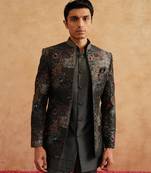 Charcoal grey short indowestern embroidered with thread on silk