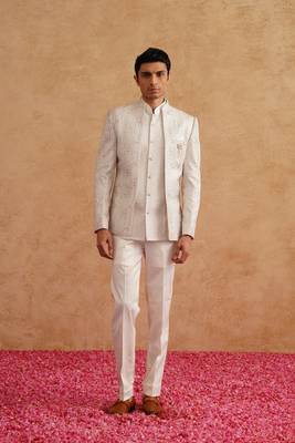 White thread embroidered short indowestern on silk 2