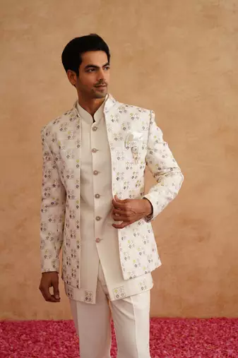 White indowestern embroidered with thread and pearl on silk