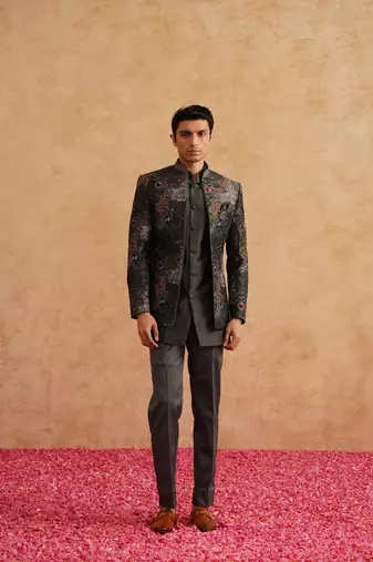 Charcoal grey short indowestern embroidered with thread on silk