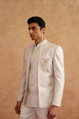 White thread embroidered short indowestern on silk 3