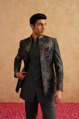Charcoal grey short indowestern embroidered with thread on silk