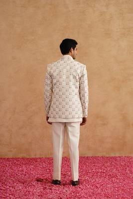 White indowestern embroidered with thread and pearl on silk 5