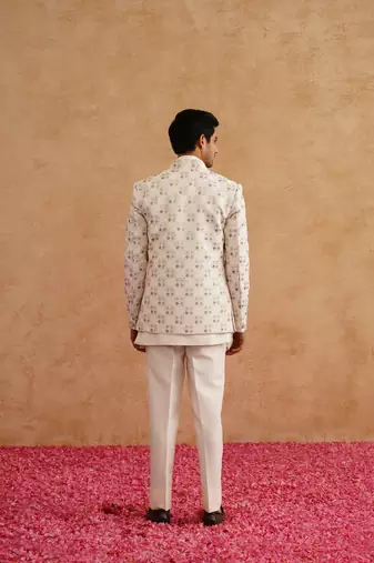 White indowestern embroidered with thread and pearl on silk