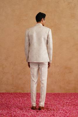 White thread embroidered short indowestern on silk 4