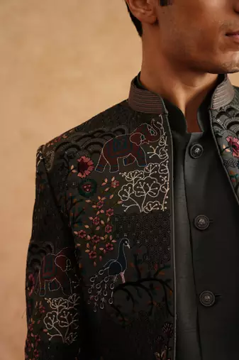 Charcoal grey short indowestern embroidered with thread on silk
