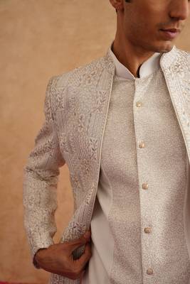 White thread embroidered short indowestern on silk 5