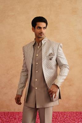 Champagne indowestern embroidered with thread and faux mirror on silk 1