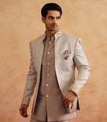 Champagne indowestern embroidered with thread and faux mirror on silk