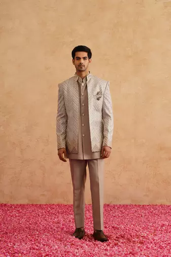 Champagne indowestern embroidered with thread and faux mirror on silk
