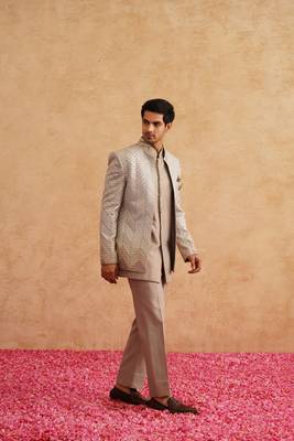 Champagne indowestern embroidered with thread and faux mirror on silk 3