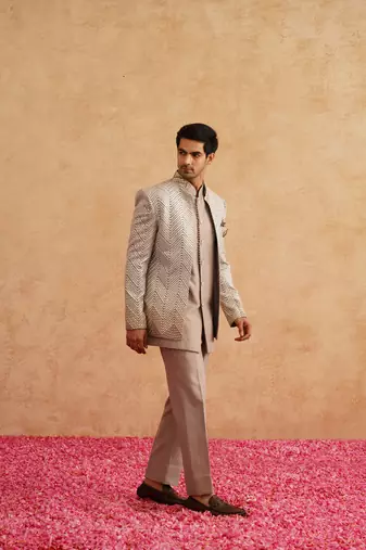 Champagne indowestern embroidered with thread and faux mirror on silk
