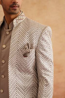 Champagne indowestern embroidered with thread and faux mirror on silk 4