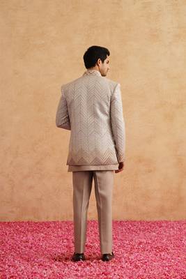 Champagne indowestern embroidered with thread and faux mirror on silk 5