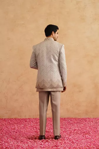 Champagne indowestern embroidered with thread and faux mirror on silk