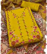 women's yellow roman silk salwar suit dress material with embroidered floral pattern and organza dupatta