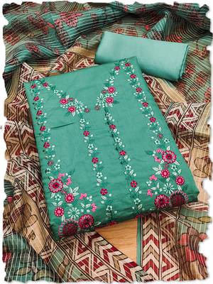 women's green roman silk salwar suit dress material with embroidered floral pattern and organza dupatta 1