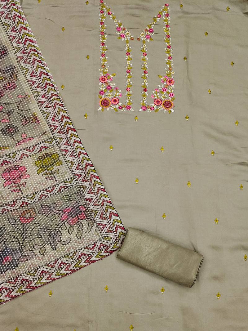 women's brown roman silk salwar suit dress material with embroidered floral pattern and organza dupatta