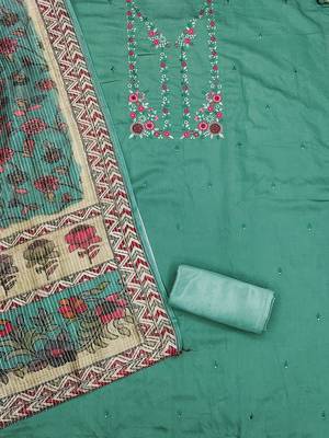 women's green roman silk salwar suit dress material with embroidered floral pattern and organza dupatta 2