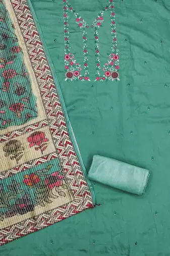 women's green roman silk salwar suit dress material with embroidered floral pattern and organza dupatta