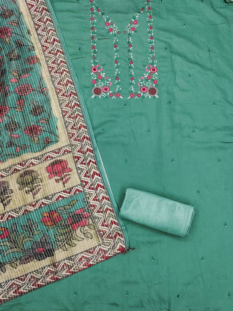 women's green roman silk salwar suit dress material with embroidered floral pattern and organza dupatta