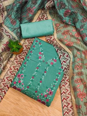 women's green roman silk salwar suit dress material with embroidered floral pattern and organza dupatta 4