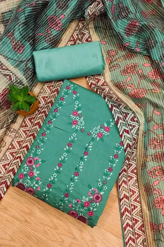 women's green roman silk salwar suit dress material with embroidered floral pattern and organza dupatta
