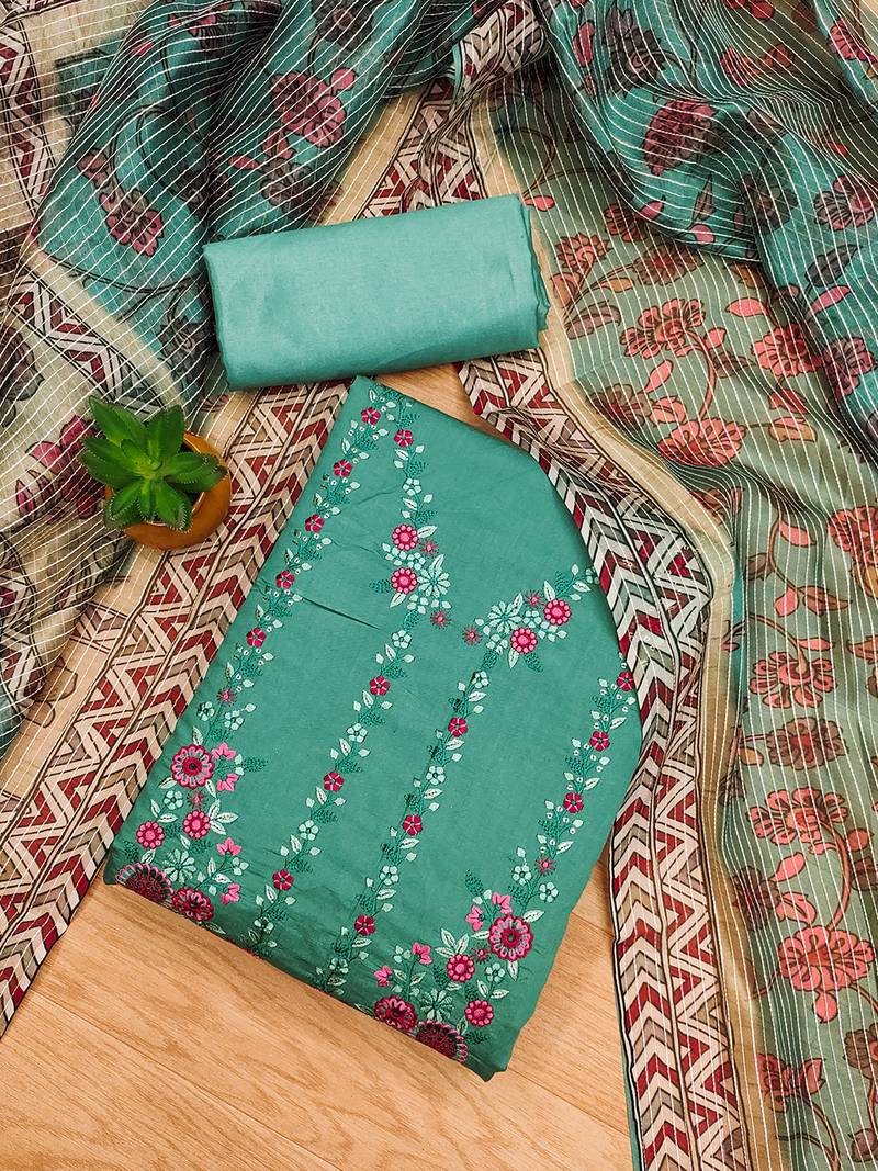 women's green roman silk salwar suit dress material with embroidered floral pattern and organza dupatta