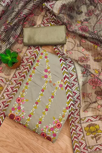 women's brown roman silk salwar suit dress material with embroidered floral pattern and organza dupatta