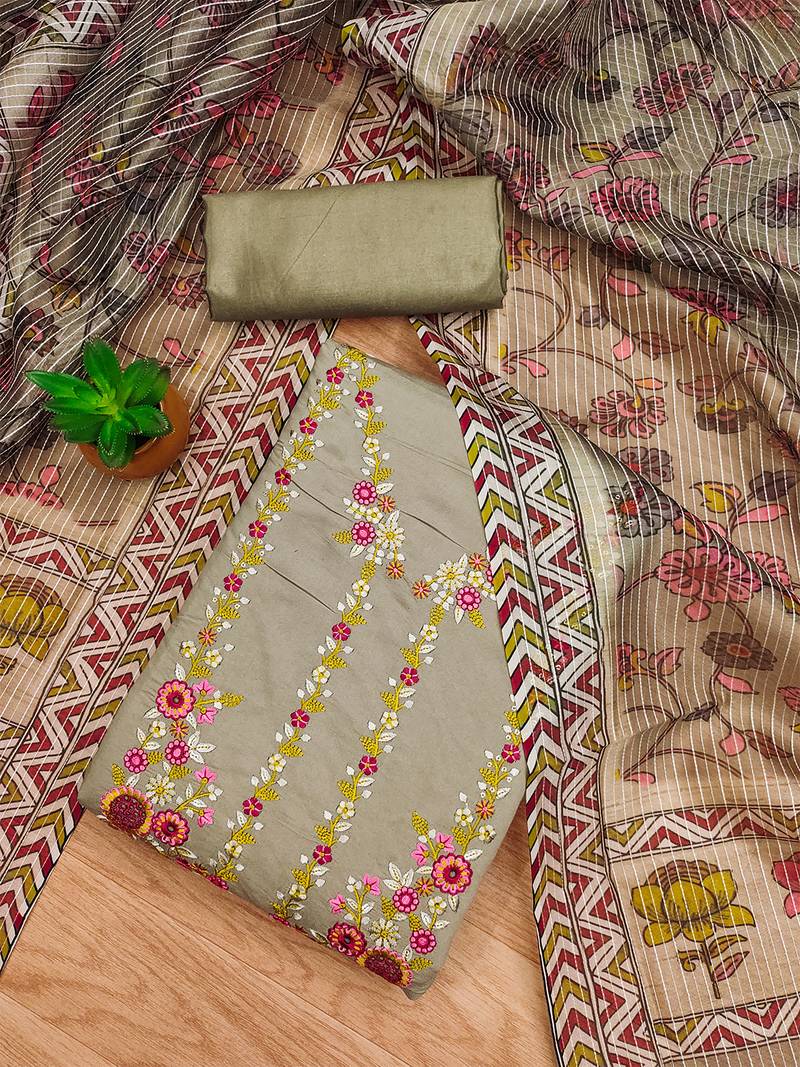 women's brown roman silk salwar suit dress material with embroidered floral pattern and organza dupatta