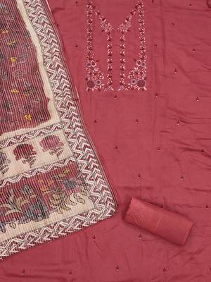 women's tomato red roman silk salwar suit dress material with embroidered floral pattern and organza dupatta 2