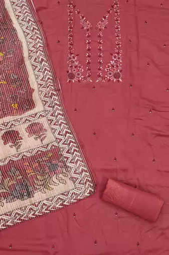 women's tomato red roman silk salwar suit dress material with embroidered floral pattern and organza dupatta