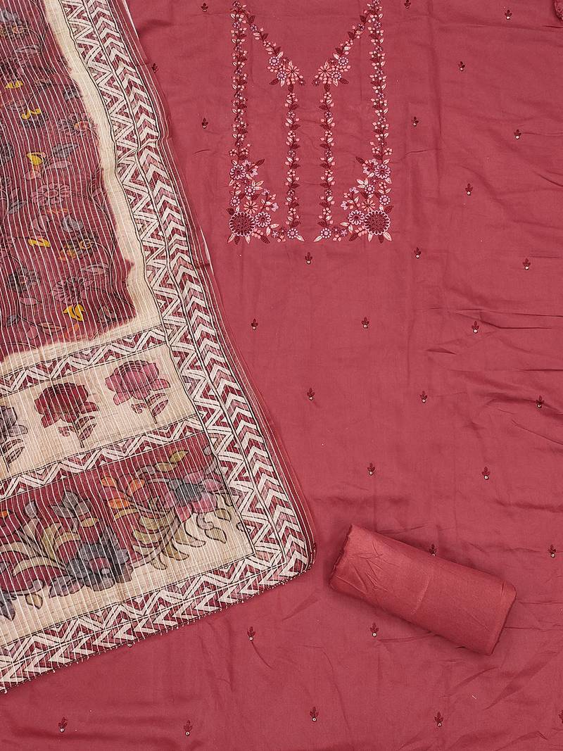 women's tomato red roman silk salwar suit dress material with embroidered floral pattern and organza dupatta