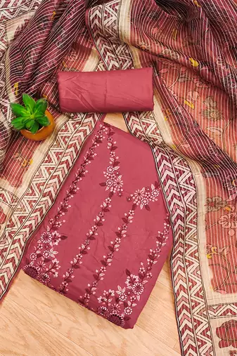 women's tomato red roman silk salwar suit dress material with embroidered floral pattern and organza dupatta