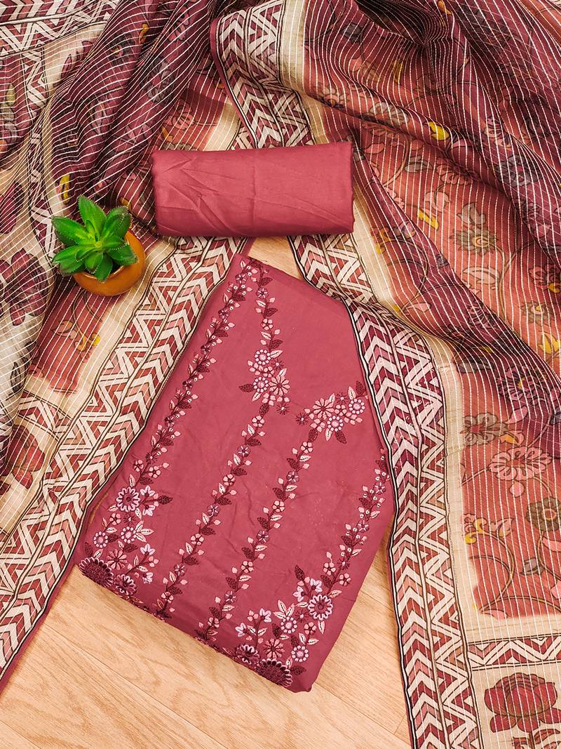 women's tomato red roman silk salwar suit dress material with embroidered floral pattern and organza dupatta