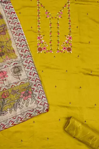 women's yellow roman silk salwar suit dress material with embroidered floral pattern and organza dupatta