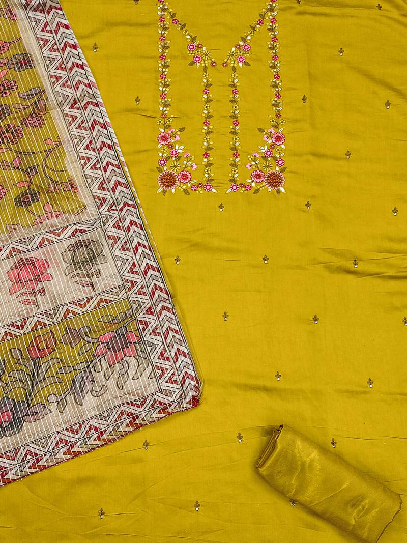 women's yellow roman silk salwar suit dress material with embroidered floral pattern and organza dupatta