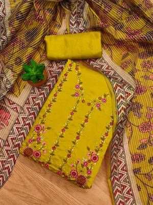 women's yellow roman silk salwar suit dress material with embroidered floral pattern and organza dupatta 4