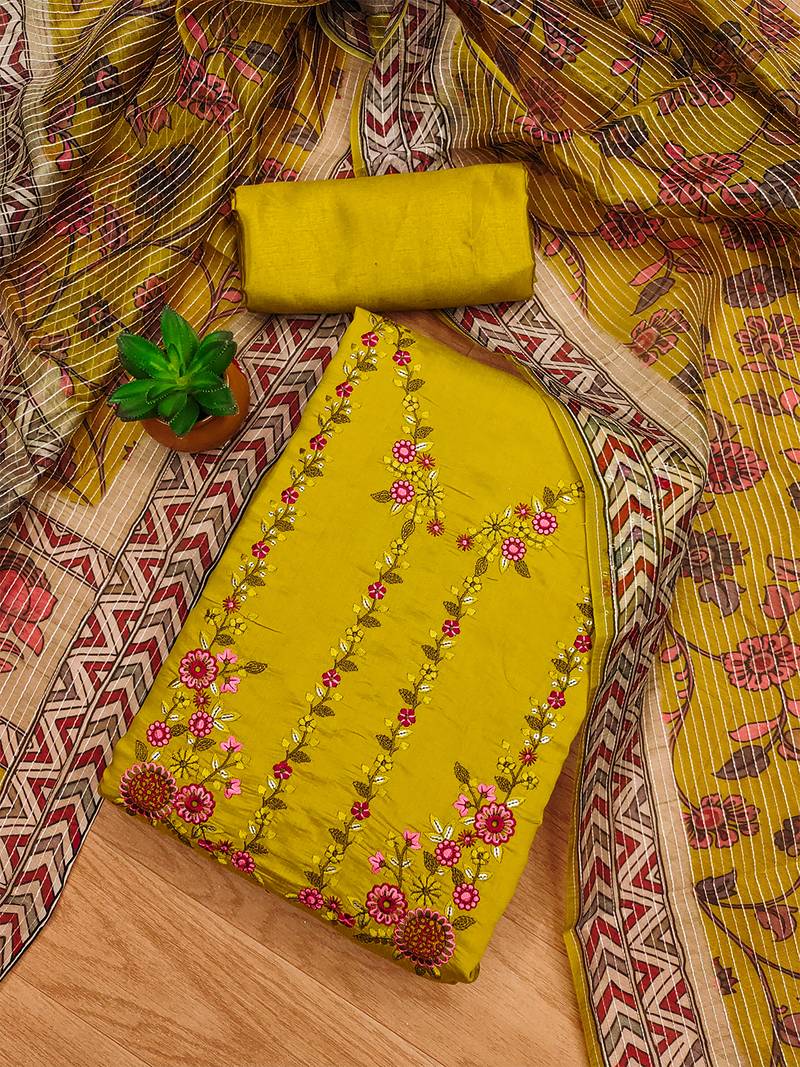 women's yellow roman silk salwar suit dress material with embroidered floral pattern and organza dupatta