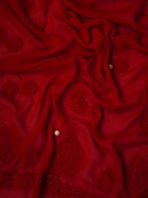 Hand embroidered red georgette lucknowi chikan unstitched suit piece 5
