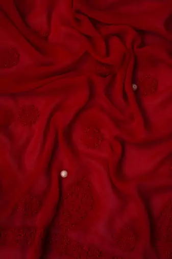 Hand embroidered red georgette lucknowi chikan unstitched suit piece