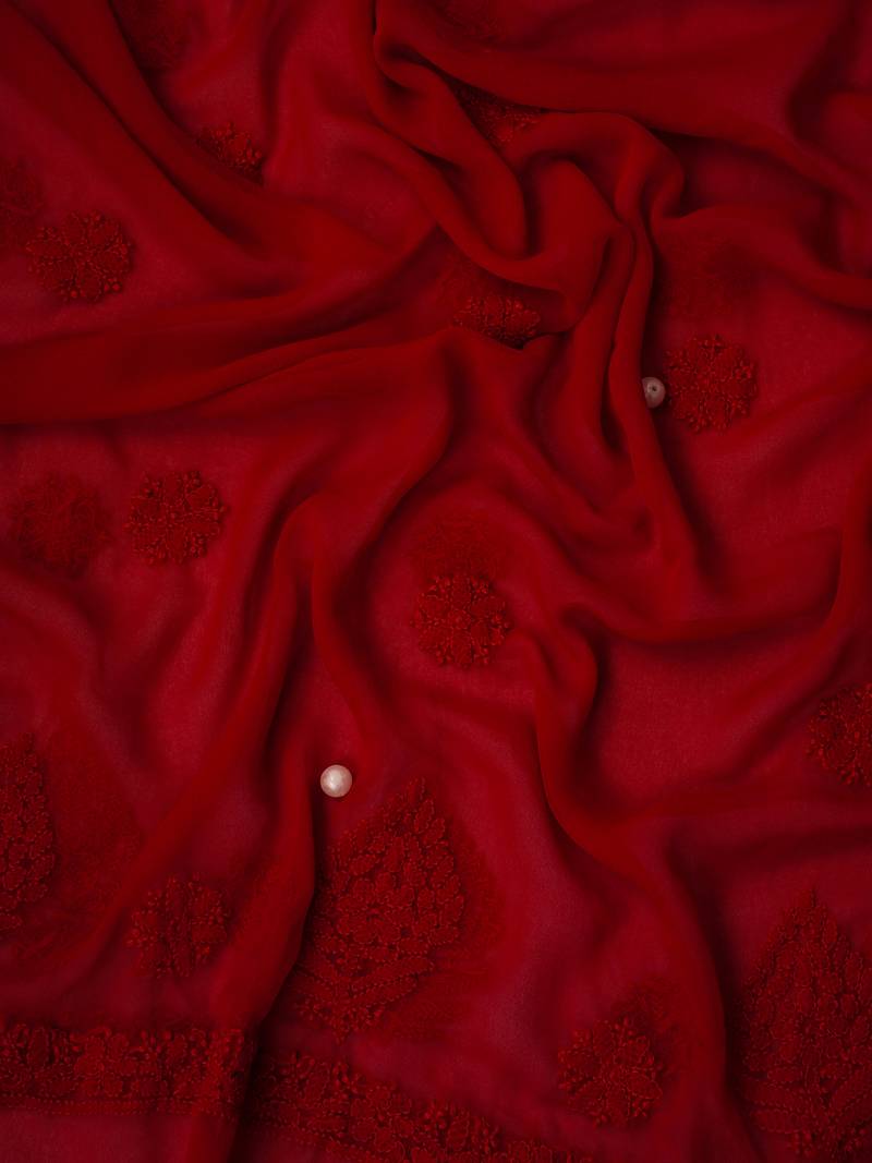 Hand embroidered red georgette lucknowi chikan unstitched suit piece