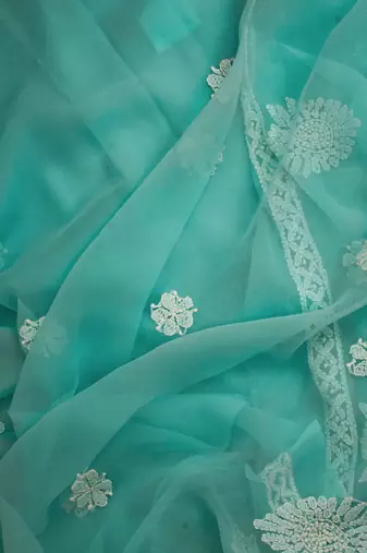 Hand embroidered sea green georgette lucknowi chikankari unstitched suit piece