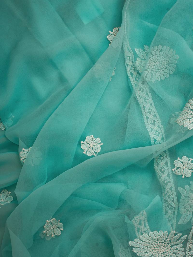 Hand embroidered sea green georgette lucknowi chikankari unstitched suit piece