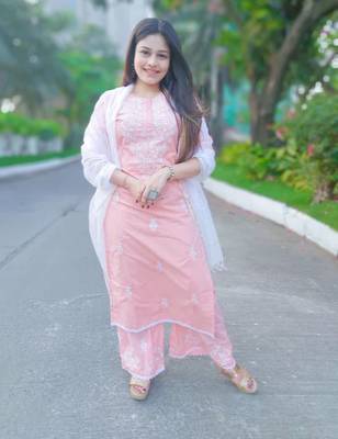 Peach embroidery women kurta palazzo with dupatta set 1