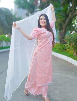 Peach embroidery women kurta palazzo with dupatta set 2