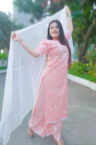 Peach embroidery women kurta palazzo with dupatta set