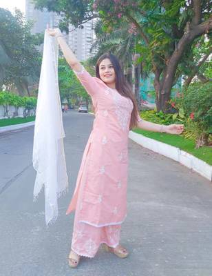 Peach embroidery women kurta palazzo with dupatta set 3